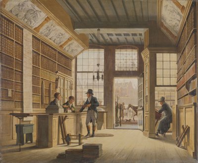 Der Buchladen von Pieter Meijer Warnars am Vijgendam in Amsterdam, 1820 von Johannes Jelgerhuis